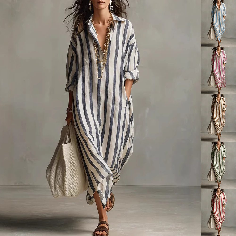 Striped Print Dress Summer Split Collar Short Sleeve Long Dresses Fashion Women's Clothing