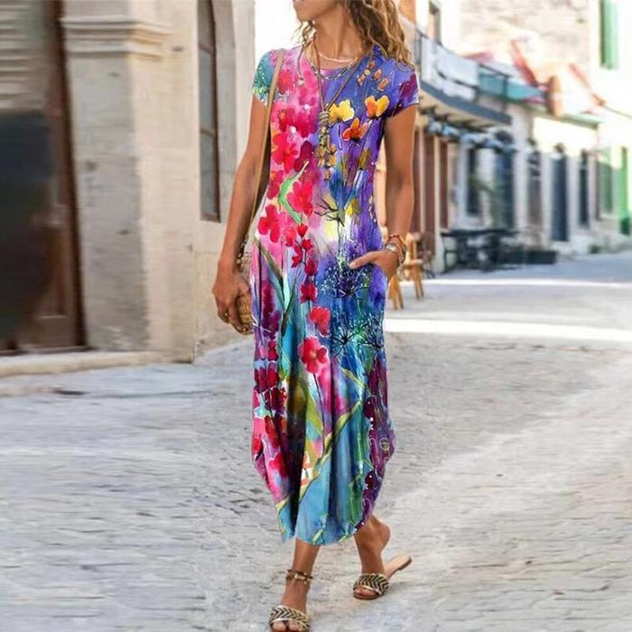 Round Neck Pocket Short Sleeve Trendy Printed Dress - Image 9