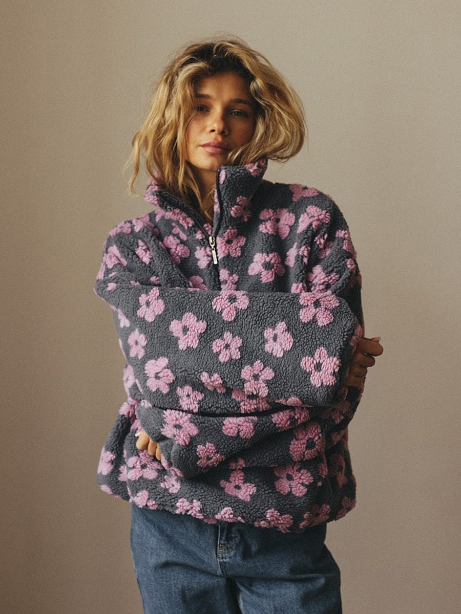 Winter Flowers Lambskin Sweatshirt With Big Pocket Casual Loose Zip-up Lapel Pullover Top Women's Clothing - Image 9