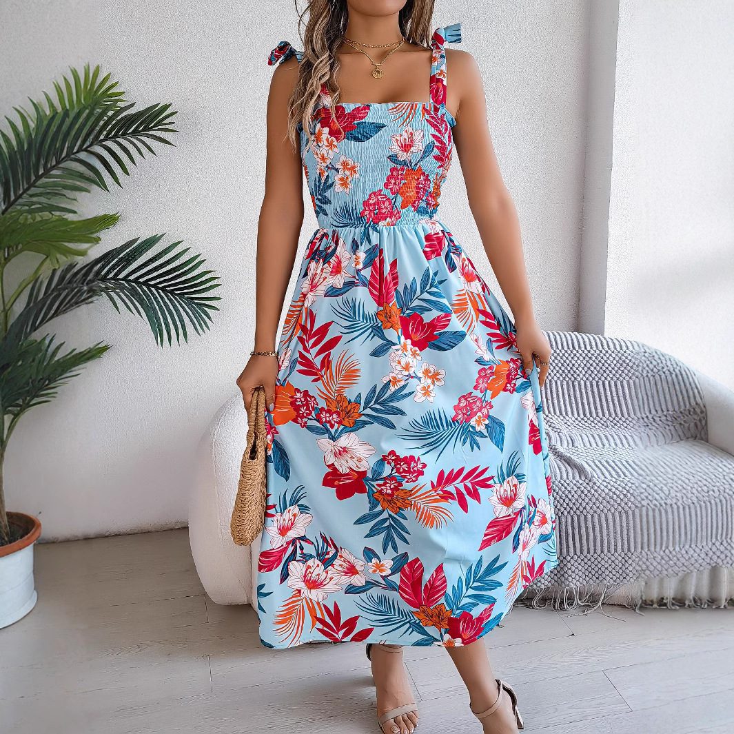Flowers Print Suspender Corset Dress Ins Fashion Holiday Beach Long Dresses Summer Clothing For Women - Image 4