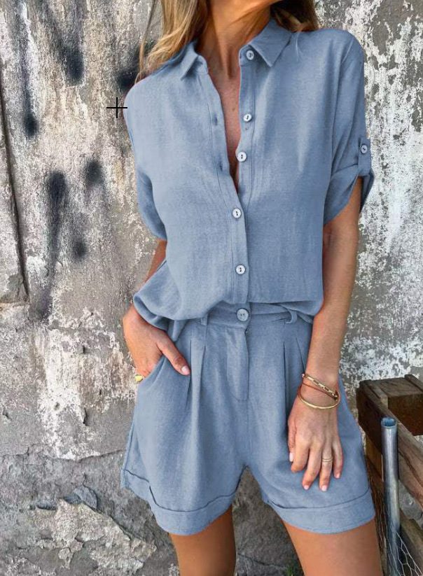 Short-sleeved Suits Fashion Lapel Button Shirt Top And Pocket Shorts Women's Clothing - Image 6