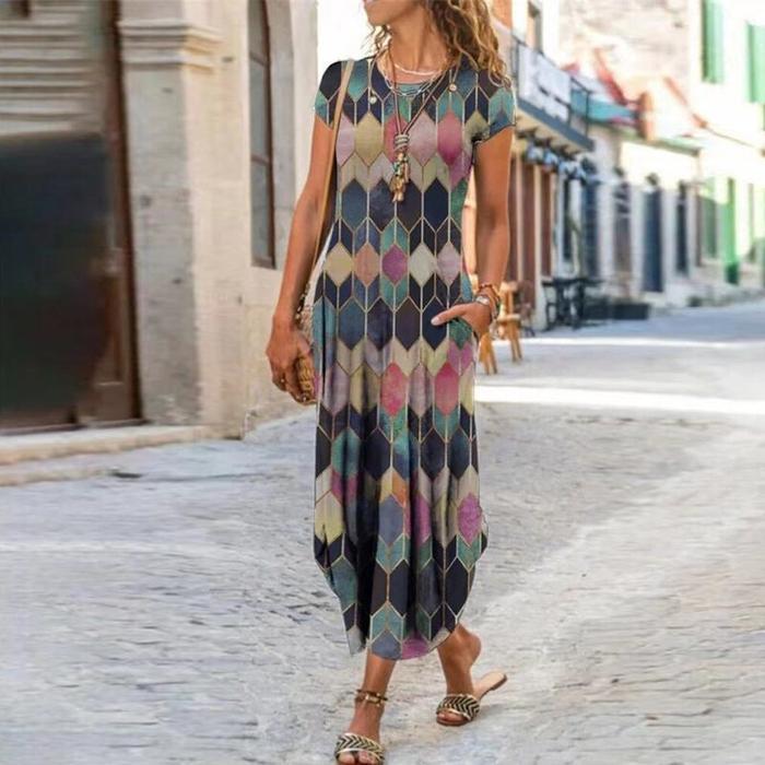Round Neck Pocket Short Sleeve Trendy Printed Dress - Image 8
