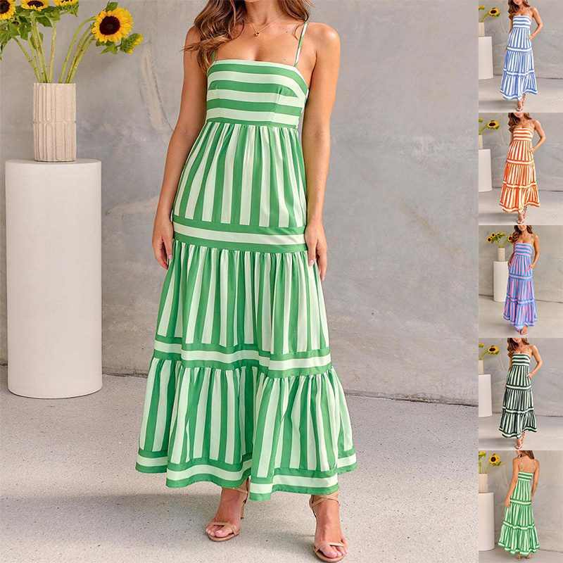 Summer Striped Printed Suspender Long Dress With Pockets Fashion Square Neck Backless Dresses For Beach Vacation Women Clothing