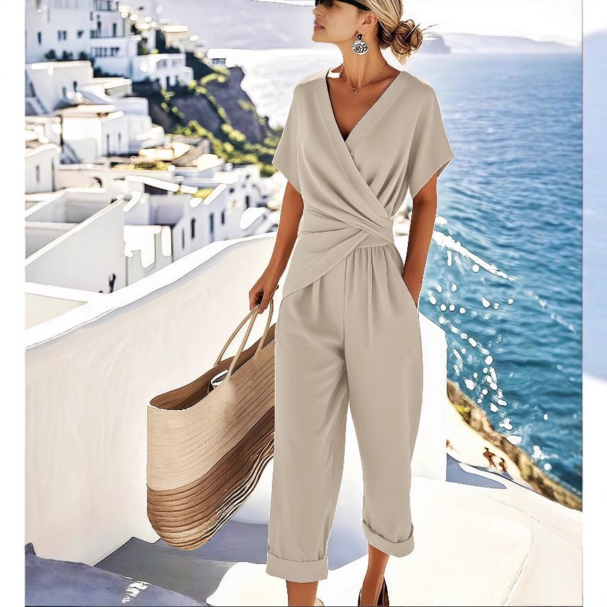 Women's Two Pieces Set Fashion Solid Color Irregular Short Sleeve Suit Summer Fashion V Neck Slim Office Suit Casual Pleated Irregular Top And Pants Female Outfit - Image 3