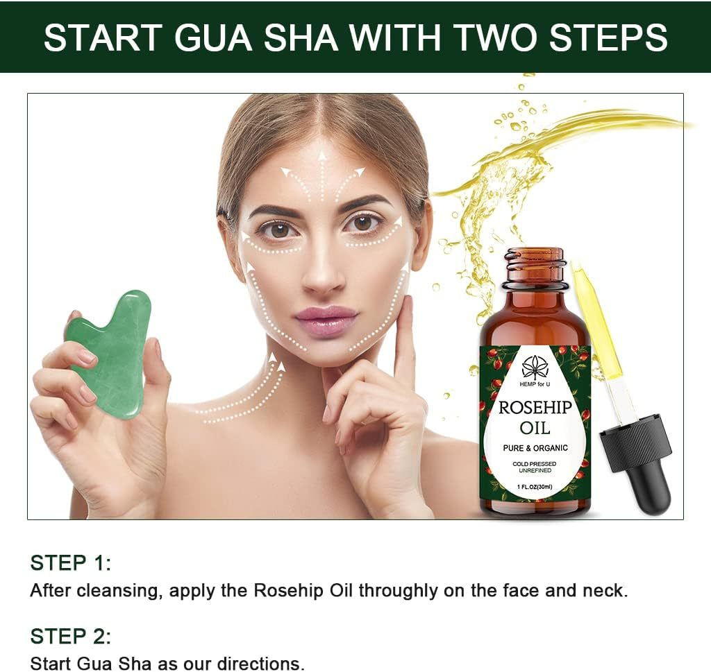 Gua Sha Massage Tools & Rosehip Oil In One Set, Nature Jade Stone Facial Gua Sha Products For Skin Massage, Beauty And Moisturizing , With Nice Travel Pouch - Image 3
