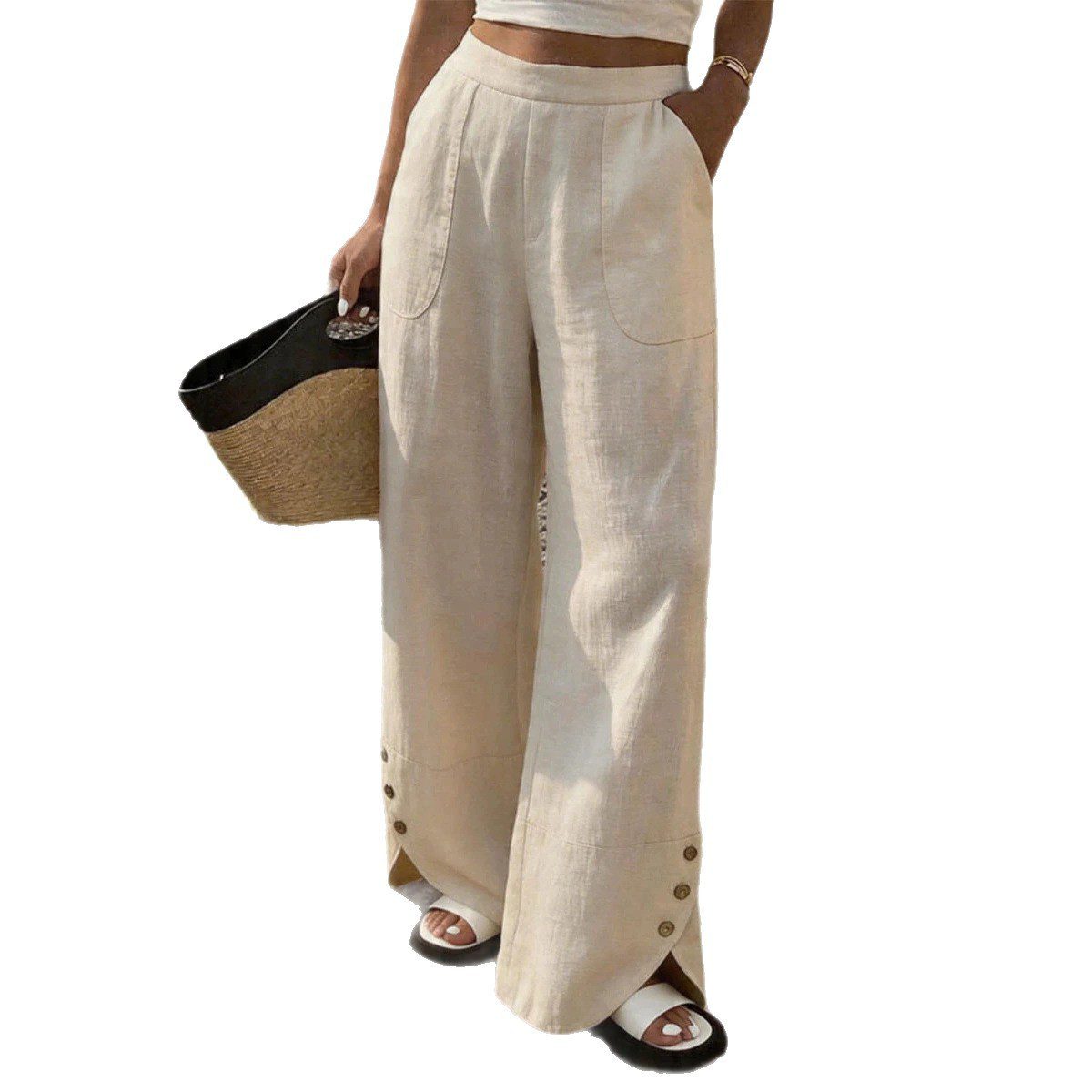 Womens Solid-color Loose-fit Straight-leg Casual Wide-leg Pants With Pockets - Image 2