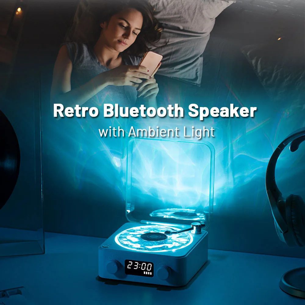 مكبر صوت بتصميم مشغل أسطوانات فينيل كلاسيكي (Retro Turntable)، لاسلكي، متوافق مع Bluetooth 5.0، يوفر صوت ستيريو، مع ضوضاء بيضاء (White Noise)، وتأثير إسقاط ضوئي RGB - الصورة 2