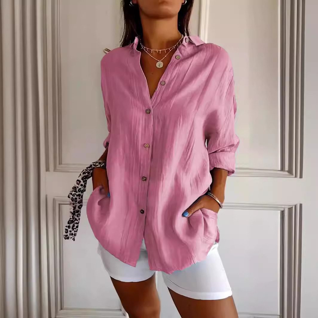 قميص نسائي بأكمام طويلة وياقة (Lapel)، إغلاق بأزرار أمامية (Single-breasted)، تصميم بطيّات (Pleated)، بلوزة علوية أنيقة، ملابس نسائية عصرية ومناسبة للإطلالة الكاجوال أو الرسمية الخفيفة. - الصورة 6