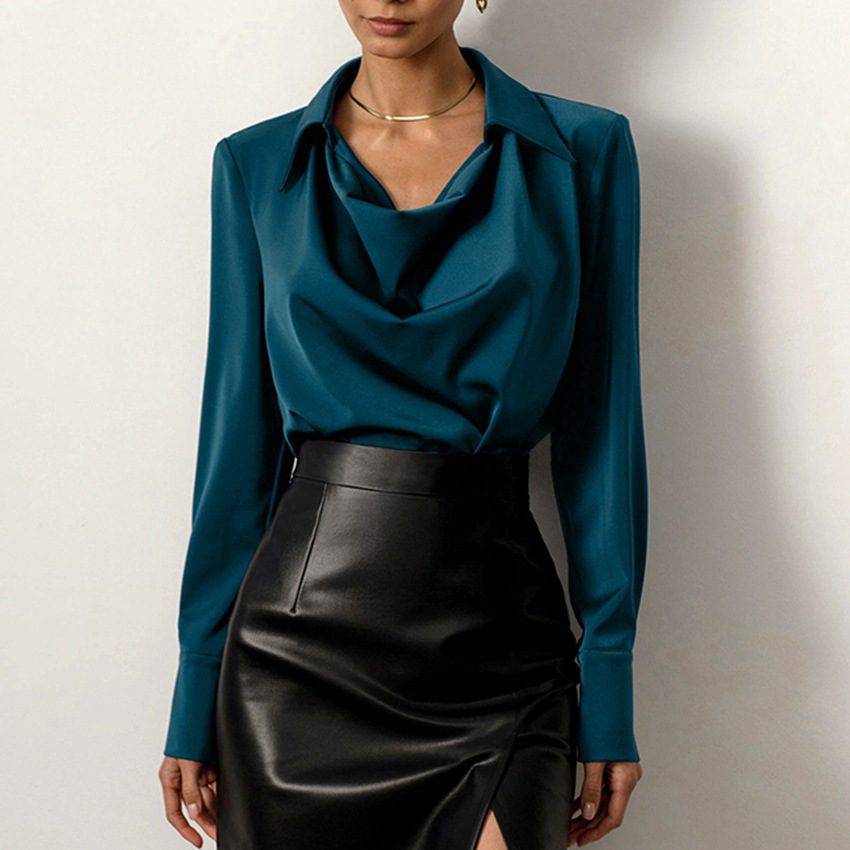 Collared Long-Sleeve Shirts Fashion Commuter Solid Color Blouse Casual Business Tops Women's Clothing - Image 2
