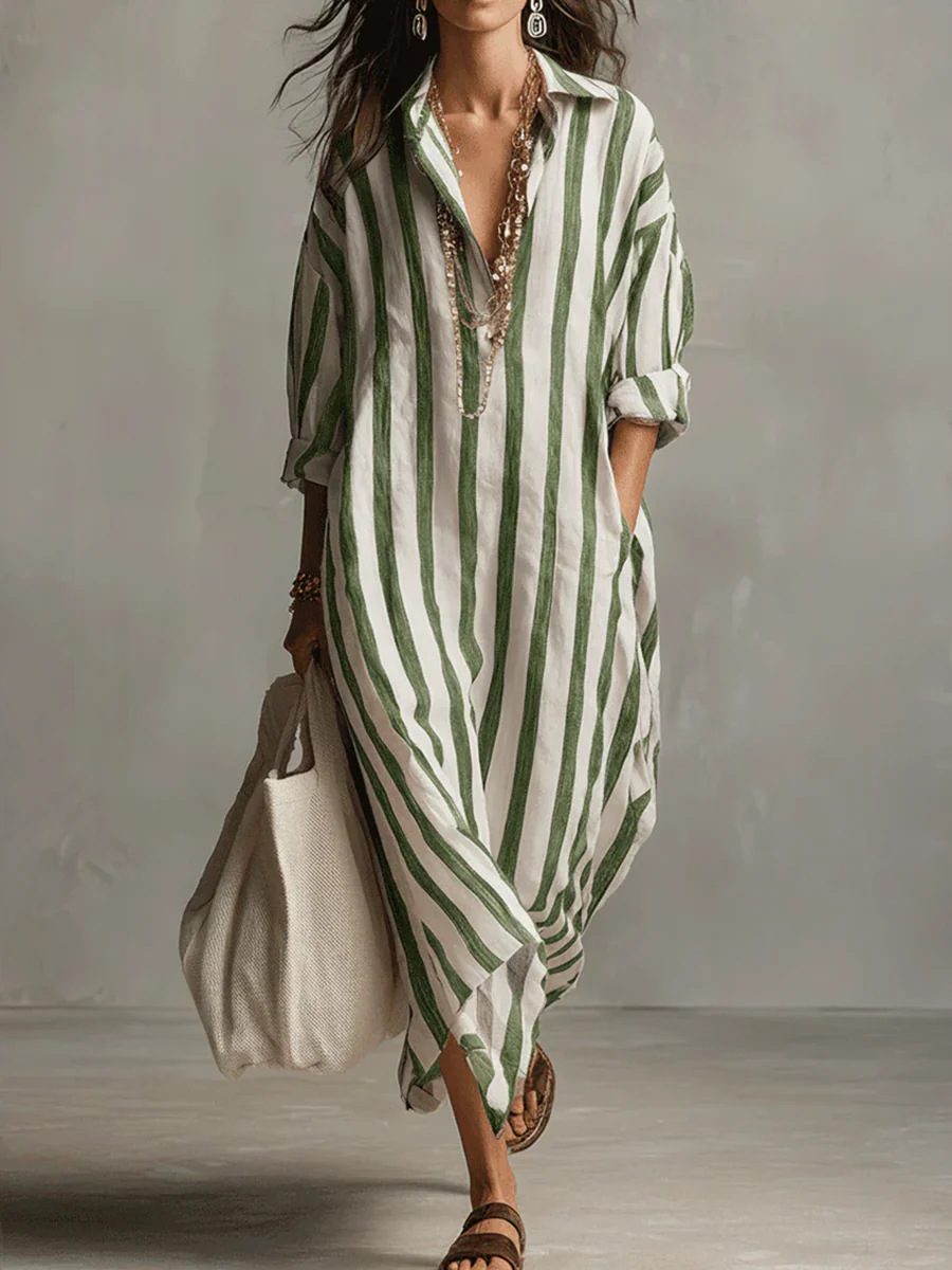 Striped Print Dress Summer Split Collar Short Sleeve Long Dresses Fashion Women's Clothing - Image 7