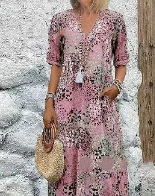 Summer V-neck Half-sleeved Dress With Pockets Fashion Ethnic Print Dresses Beach Holiday Clothing For Women - Image 3