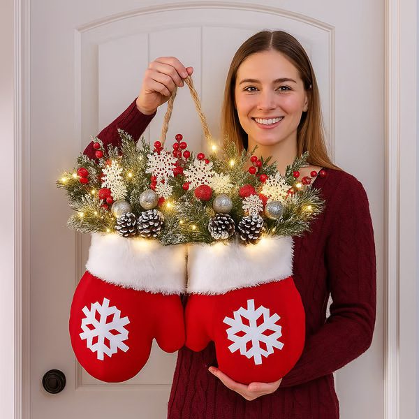 Christmas Garland Creative Glove Shaped Simulated Flower Wreath Window Door Gate Decoration Door Sign Xmas Party Decoration - Image 2