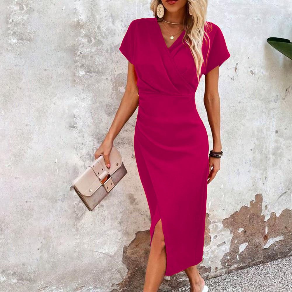 فستان ضيق (Slim-fit) بأكمام قصيرة، تصميم عصري أنيق وجذاب، شق جانبي (Split)، ياقة على شكل V، فستان صيفي نسائي أنيق ومناسب للإطلالات الجذابة. - الصورة 8