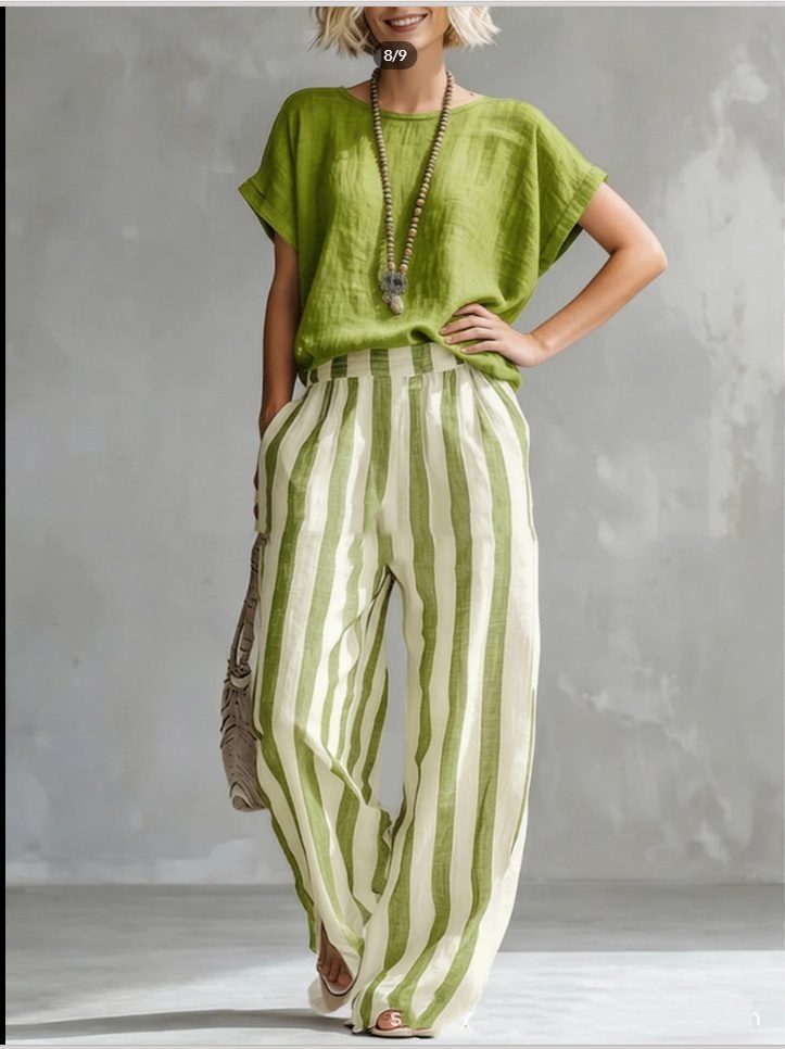 Short-sleeved Trousers Suit Summer Fashion Round Neck Pullover T-Shirt And Striped Print Straight Leg Pants Two-Piece Clothing For Women - Image 3