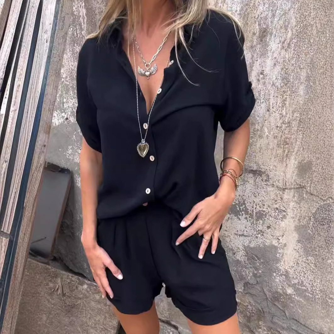 Short-sleeved Suits Fashion Lapel Button Shirt Top And Pocket Shorts Women's Clothing - Image 3