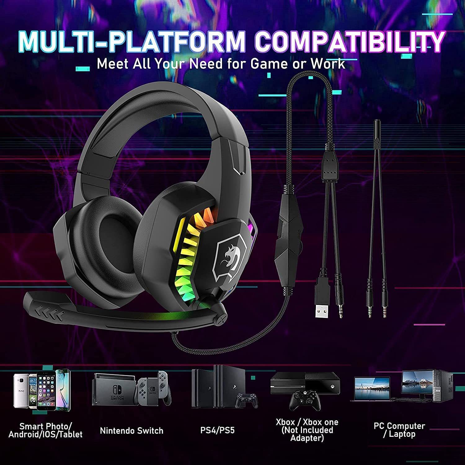 Wired Gaming Headset With Rainbow RGB Backlight Retractable Stereo Sound For PS4 Black - Image 4