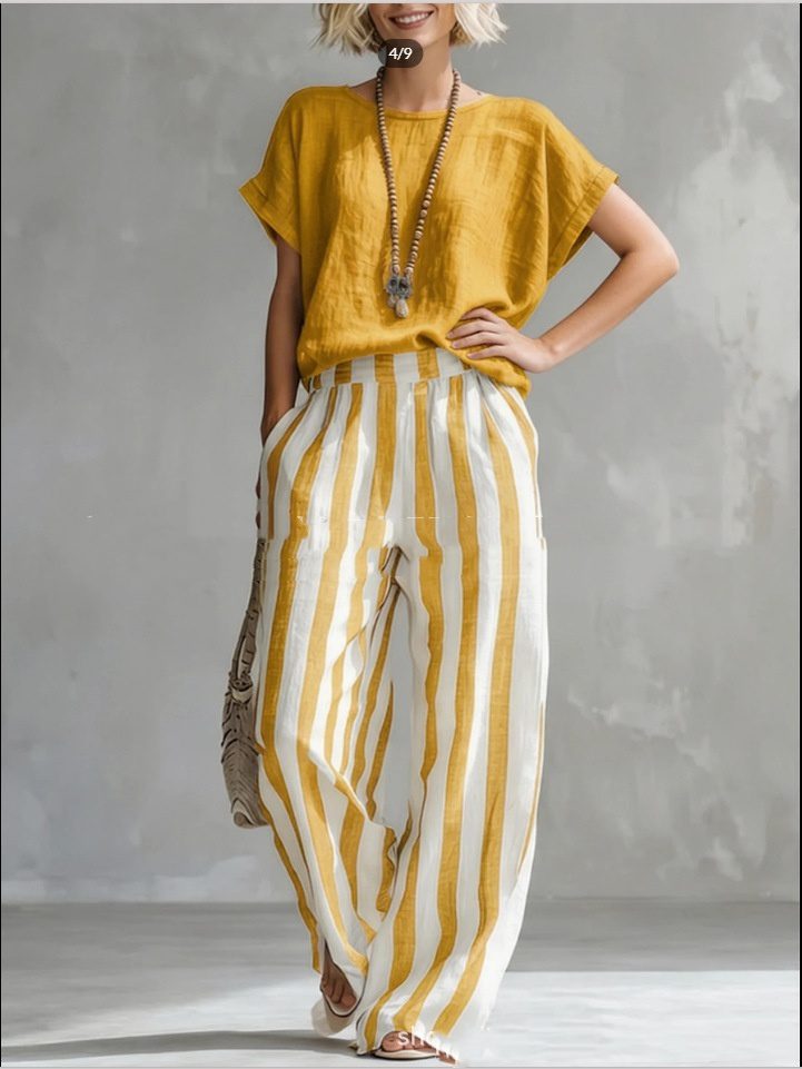 Short-sleeved Trousers Suit Summer Fashion Round Neck Pullover T-Shirt And Striped Print Straight Leg Pants Two-Piece Clothing For Women - Image 5