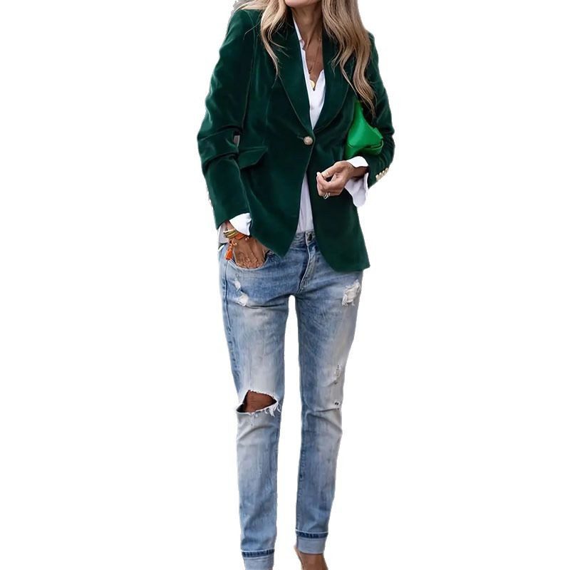 سترة مخملية بياقة لابيل، بدلة كاجوال أنيقة، موضة أعمال، قصة ضيقة (Slim Fit)، إغلاق بزر واحد، ملابس خارجية نسائية - الصورة 10