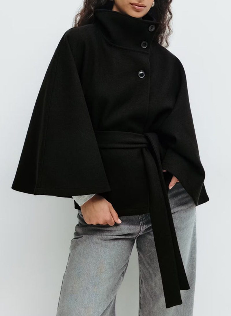 Winter High Neck Batwing Sleeve Coat With Belt Fashion Loose Elegant Button Top Trench Coat For Women Clothing - Image 7