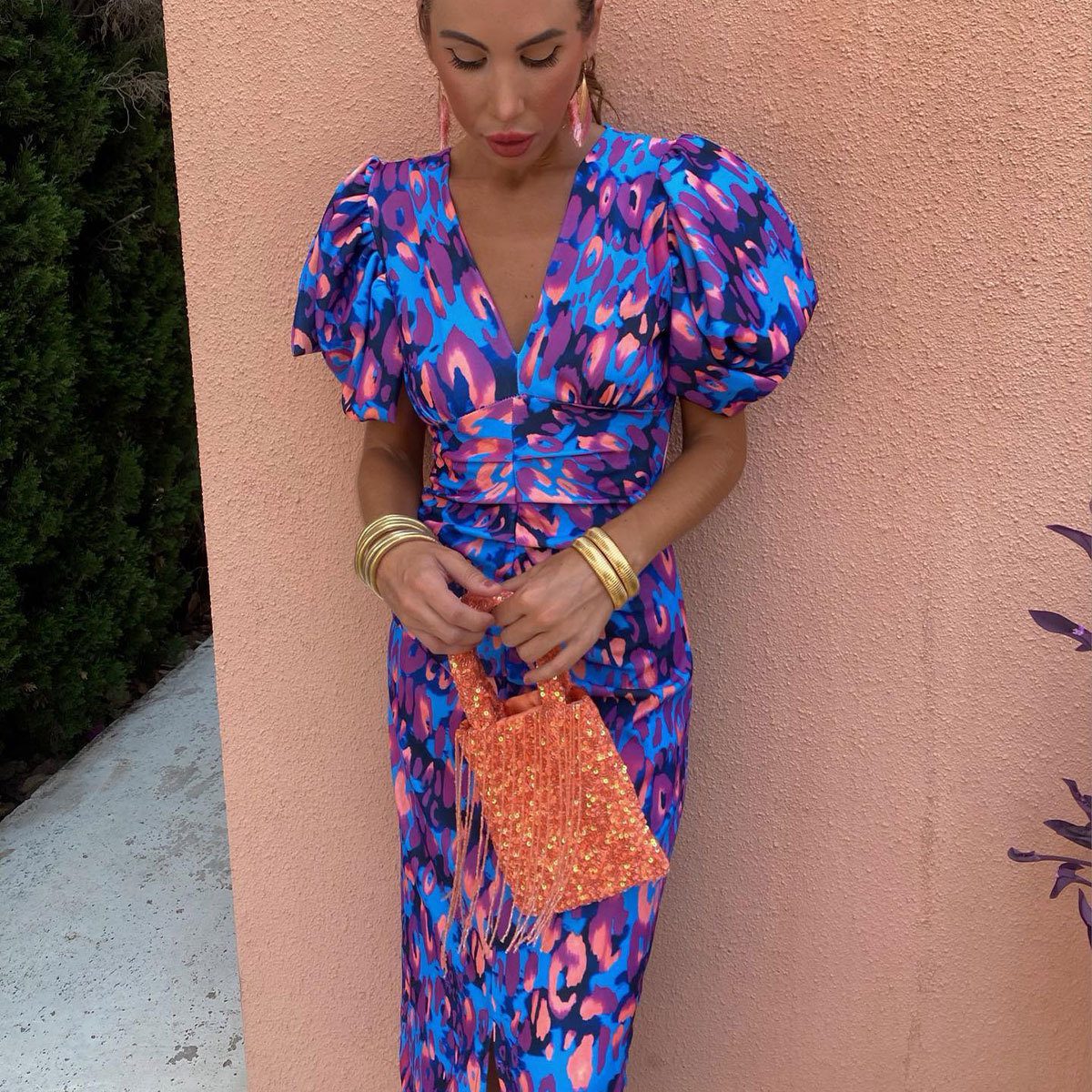 Puffed Short Sleeve Dress Summer Floral Printed V-neck Skinny Dresses