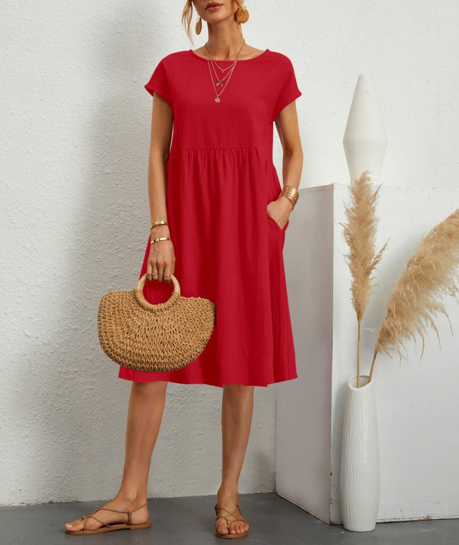 Summer Short-sleeved Dress With Pockets Fashion Solid Round Neck A-line Dresses For Women Clothing - Image 7