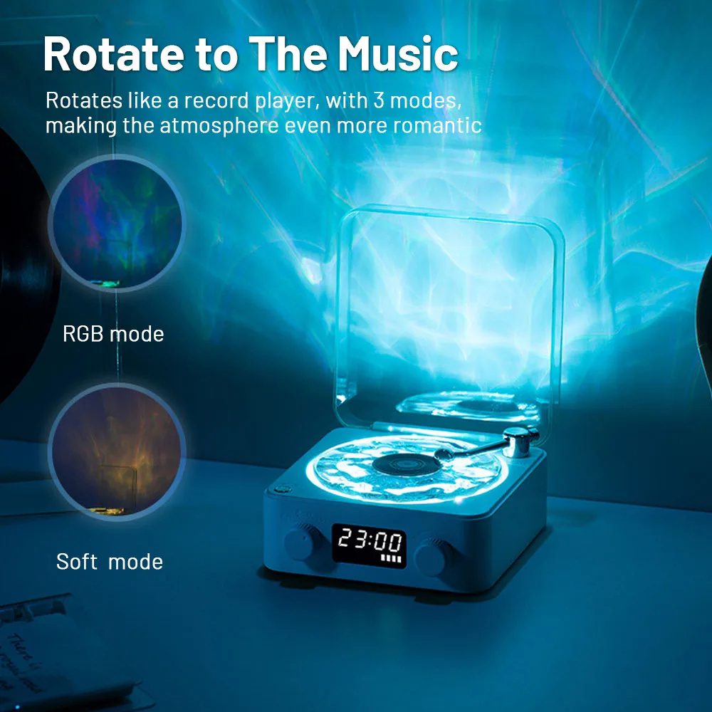 مكبر صوت بتصميم مشغل أسطوانات فينيل كلاسيكي (Retro Turntable)، لاسلكي، متوافق مع Bluetooth 5.0، يوفر صوت ستيريو، مع ضوضاء بيضاء (White Noise)، وتأثير إسقاط ضوئي RGB