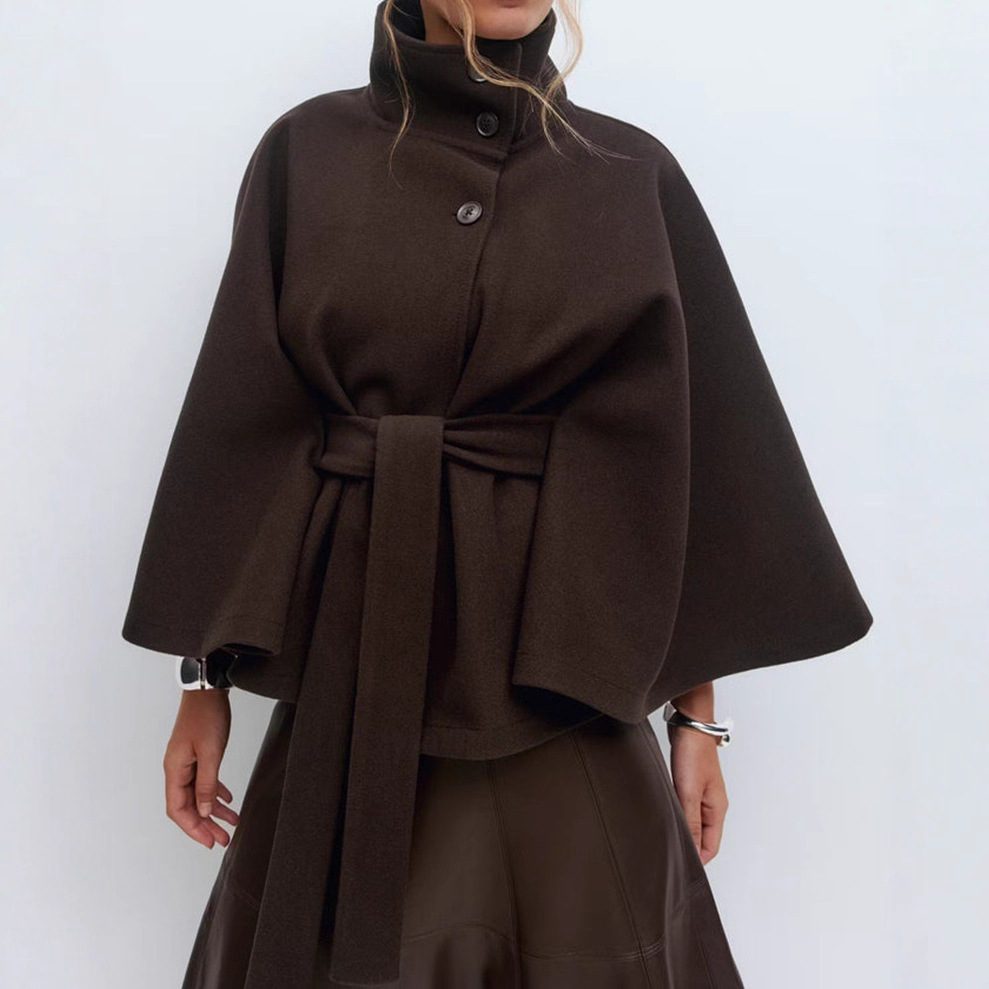 Winter High Neck Batwing Sleeve Coat With Belt Fashion Loose Elegant Button Top Trench Coat For Women Clothing - Image 4