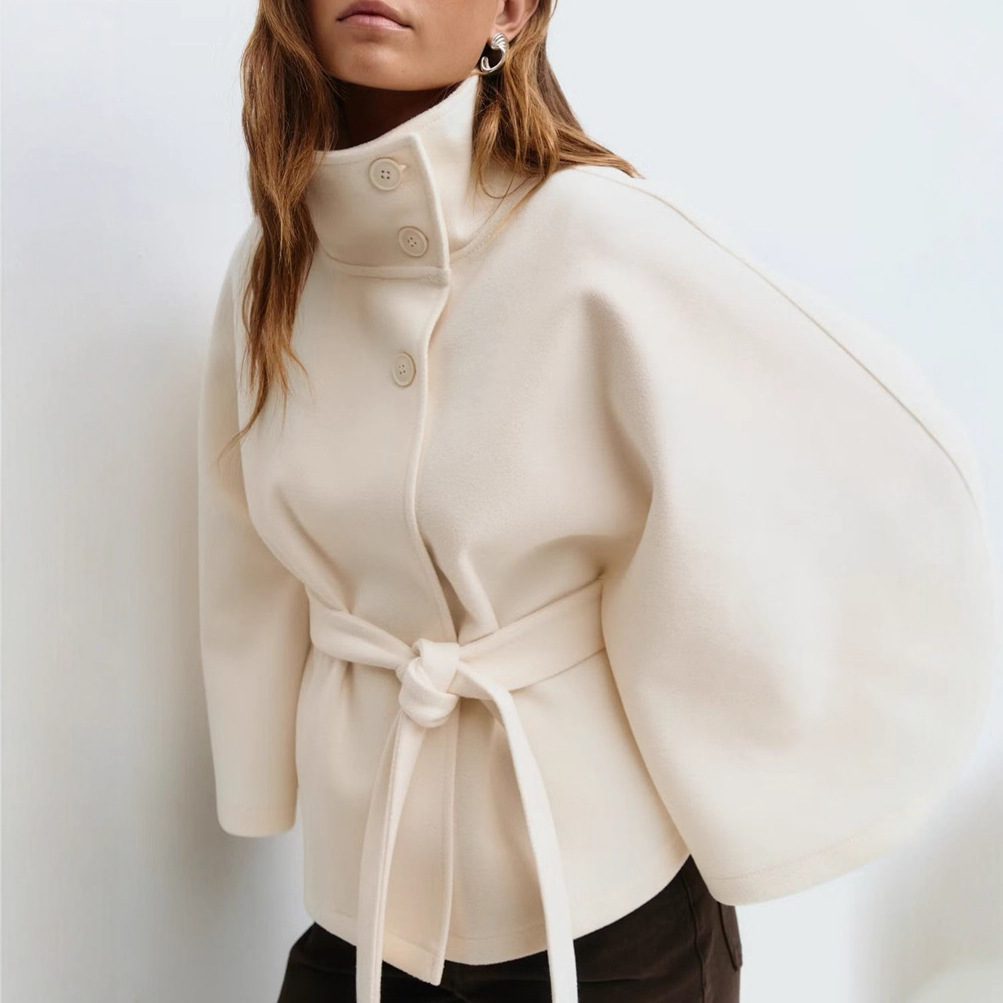 Winter High Neck Batwing Sleeve Coat With Belt Fashion Loose Elegant Button Top Trench Coat For Women Clothing - Image 3