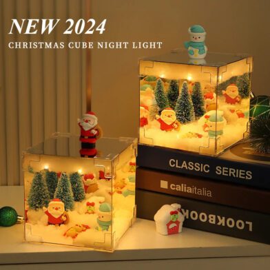زينة عيد الميلاد DIY مرآة ومصباح مكعب LED ثلاثي الأبعاد، بابا نويل ورجل الثلج وشجرة عيد الميلاد، أضواء عيد الميلاد، طقم مواد DIY لزينة الكريسماس.
