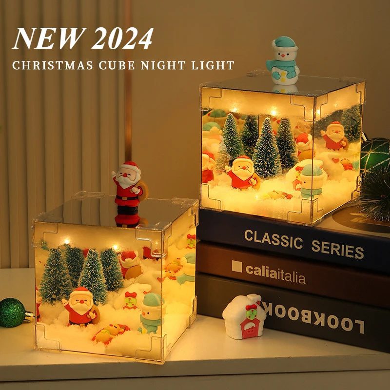 زينة عيد الميلاد DIY مرآة ومصباح مكعب LED ثلاثي الأبعاد، بابا نويل ورجل الثلج وشجرة عيد الميلاد، أضواء عيد الميلاد، طقم مواد DIY لزينة الكريسماس.
