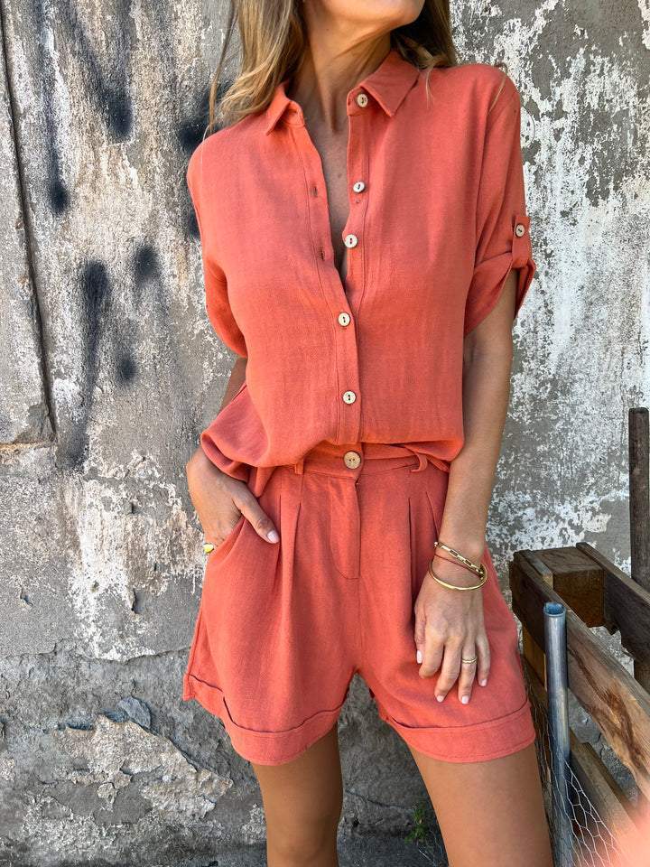 Short-sleeved Suits Fashion Lapel Button Shirt Top And Pocket Shorts Women's Clothing - Image 2