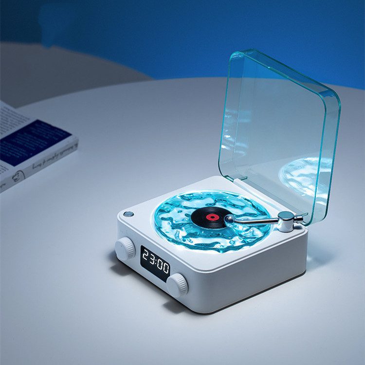مكبر صوت بتصميم مشغل أسطوانات فينيل كلاسيكي (Retro Turntable)، لاسلكي، متوافق مع Bluetooth 5.0، يوفر صوت ستيريو، مع ضوضاء بيضاء (White Noise)، وتأثير إسقاط ضوئي RGB - الصورة 7