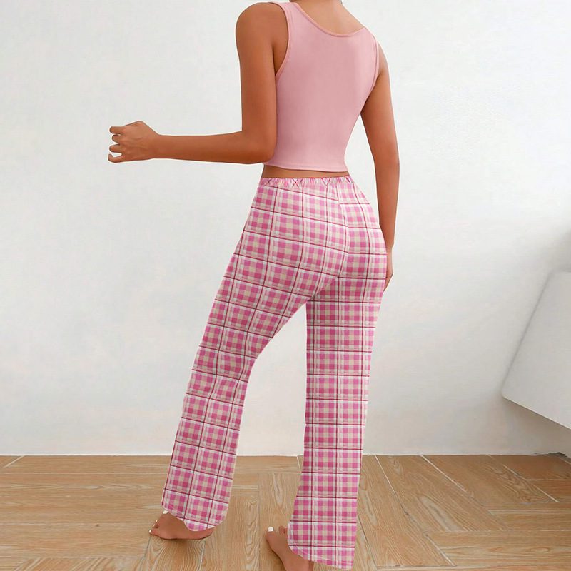 Spring Summer Women's Casual Pajamas Home Wear Vest Color Matching Plaid Trousers Letter Print Top Ladies 2 Pcs Home Clothes Sleepwear - Image 3