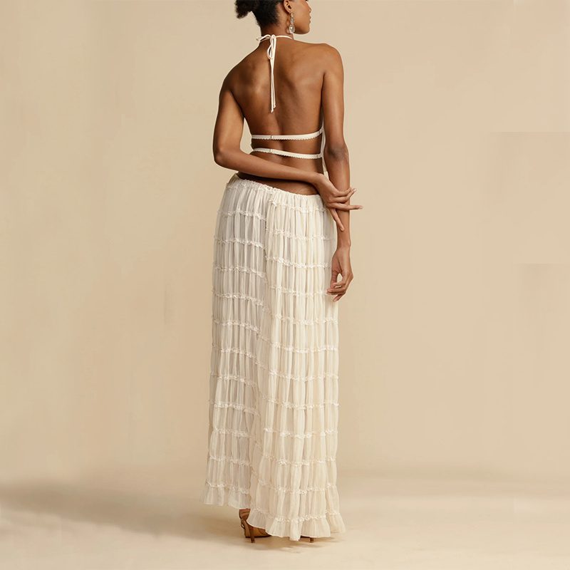 2pcs Women's Dress Suit Sexy Sleeveless Backless Cropped Halter Top And Pleated Long Skirt Beach Clothing - Image 4