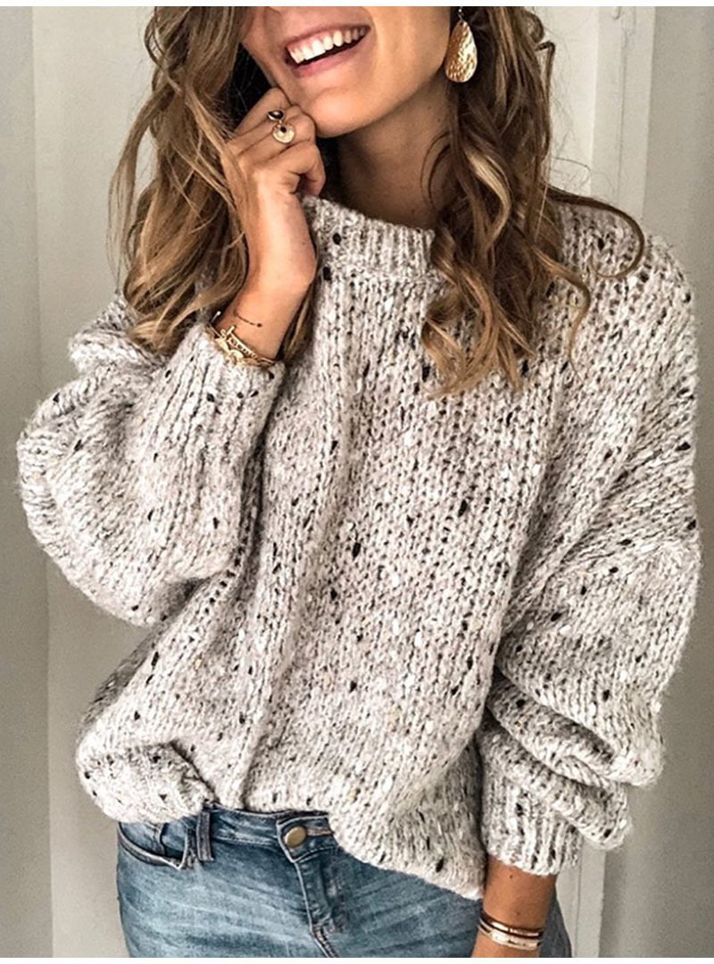 بلوفر نسائي شتوي محبوك بنقشة نقاط (Polka Dot)، بتصميم سادة أنيق، فضفاض، بأكمام طويلة، سترة صوفية موضة للملابس النسائية - الصورة 3