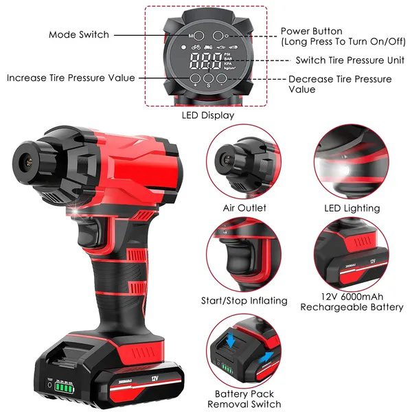 150PSI Cordless Car Tire Pump 6000mAh Rechargeable Tire Inflator 12V Portable Electric Air Compressor With LED Light For Car Bike Motorcycle Ball - Image 3