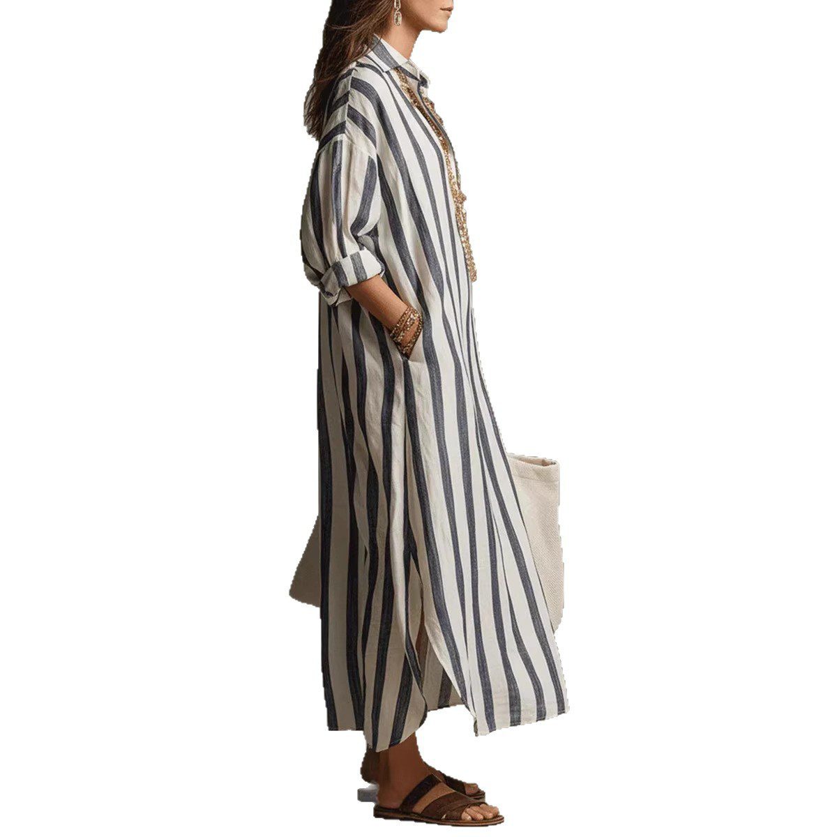 Striped Print Dress Summer Split Collar Short Sleeve Long Dresses Fashion Women's Clothing - Image 5