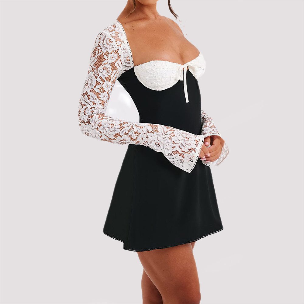 Y2K Lace Long Sleeve Dress Fashion Sexy Corset Backless Lace Up Short Dresses Womens Clothing - Image 4
