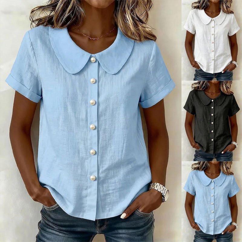 Womens Solid-Colored Short-Sleeve Casual Loose Shirt