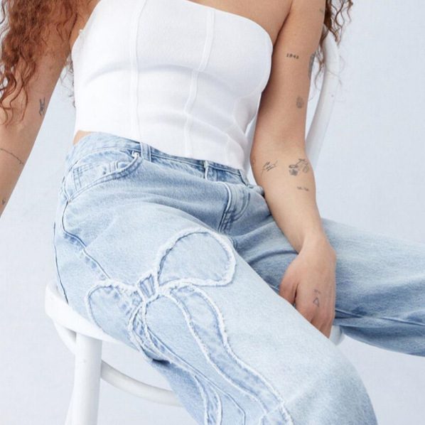 Women's Straight Trousers Embroidered Side Frayed Butterfly Jeans Street Design Hot Girl Baggy Pants - Image 2