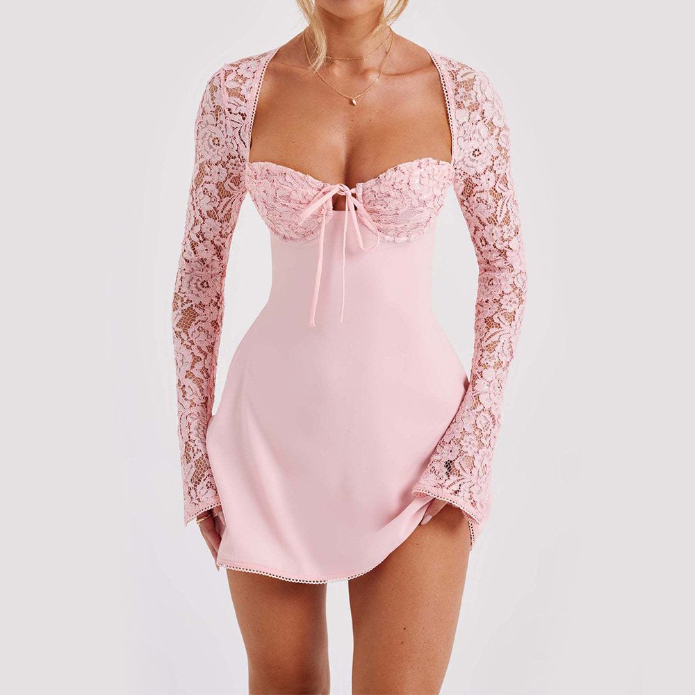 Y2K Lace Long Sleeve Dress Fashion Sexy Corset Backless Lace Up Short Dresses Womens Clothing - Image 10