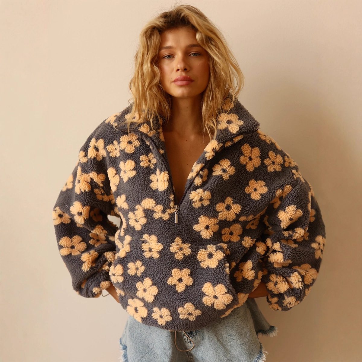 Winter Flowers Lambskin Sweatshirt With Big Pocket Casual Loose Zip-up Lapel Pullover Top Women's Clothing - Image 10