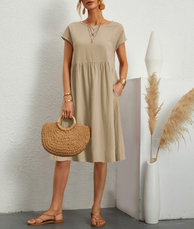 Summer Short-sleeved Dress With Pockets Fashion Solid Round Neck A-line Dresses For Women Clothing - Image 3