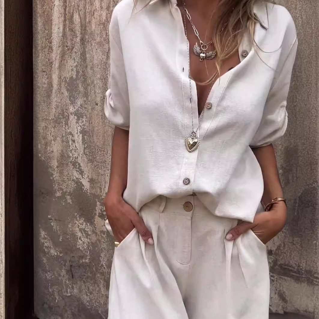 Short-sleeved Suits Fashion Lapel Button Shirt Top And Pocket Shorts Women's Clothing - Image 9