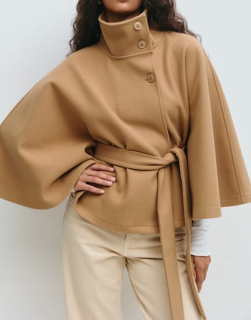 Winter High Neck Batwing Sleeve Coat With Belt Fashion Loose Elegant Button Top Trench Coat For Women Clothing - Image 5