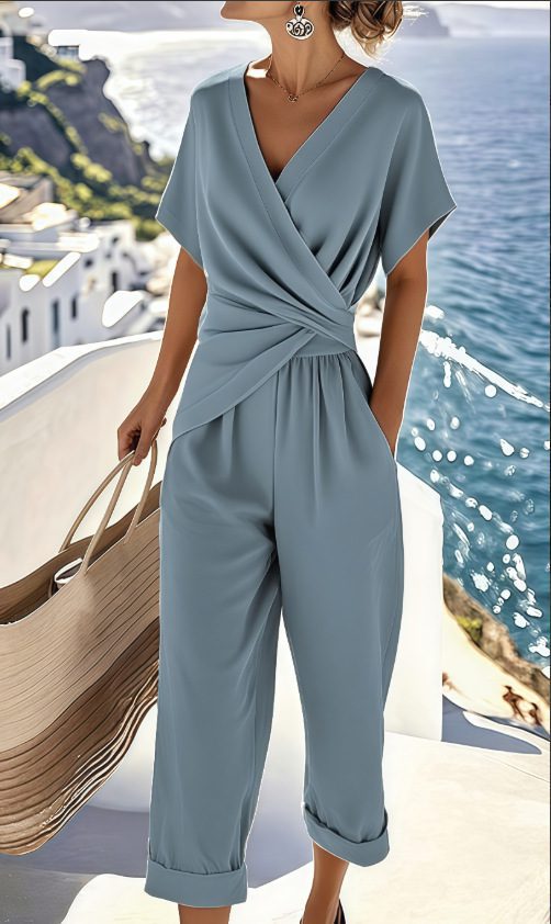 Women's Two Pieces Set Fashion Solid Color Irregular Short Sleeve Suit Summer Fashion V Neck Slim Office Suit Casual Pleated Irregular Top And Pants Female Outfit - Image 7