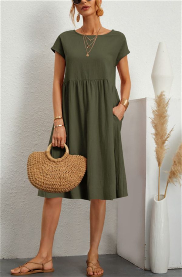 Summer Short-sleeved Dress With Pockets Fashion Solid Round Neck A-line Dresses For Women Clothing - Image 10
