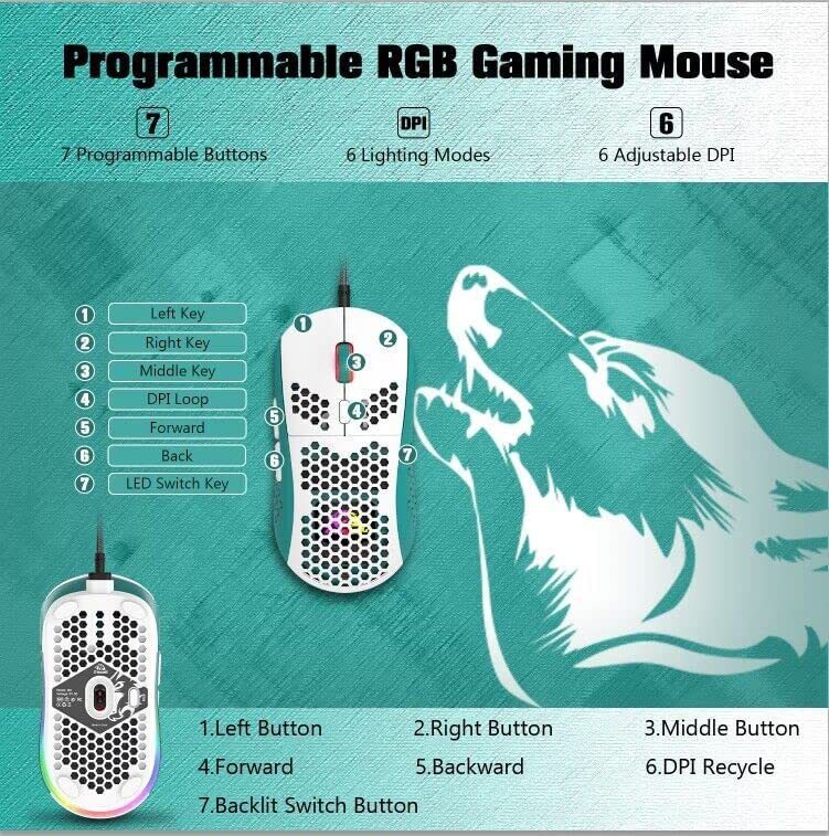 Wired Gaming Mouse Lightweight Chroma RGB Backlit,7 Programmable Buttons 6400DPI - Image 3