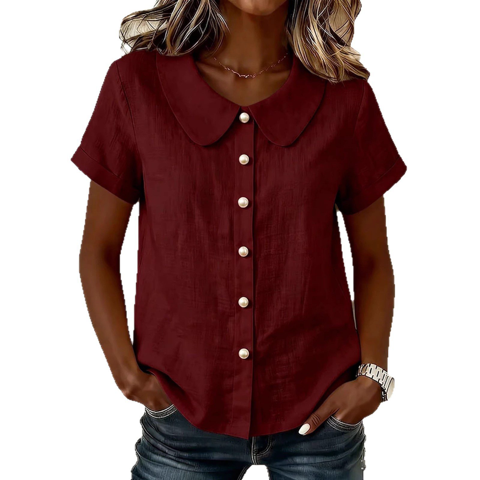 Womens Solid-Colored Short-Sleeve Casual Loose Shirt - Image 5