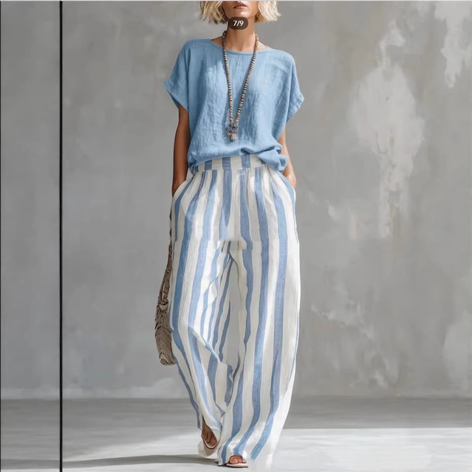 Short-sleeved Trousers Suit Summer Fashion Round Neck Pullover T-Shirt And Striped Print Straight Leg Pants Two-Piece Clothing For Women - Image 9